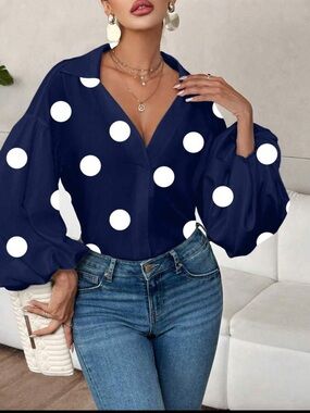 Classic Polka Dot V-Neck Balloon Sleeve Top Blouse Shirt Navy Blue New